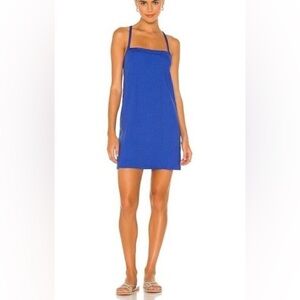 Monrow Linen Mini Summer Dress in Electric Blue color
